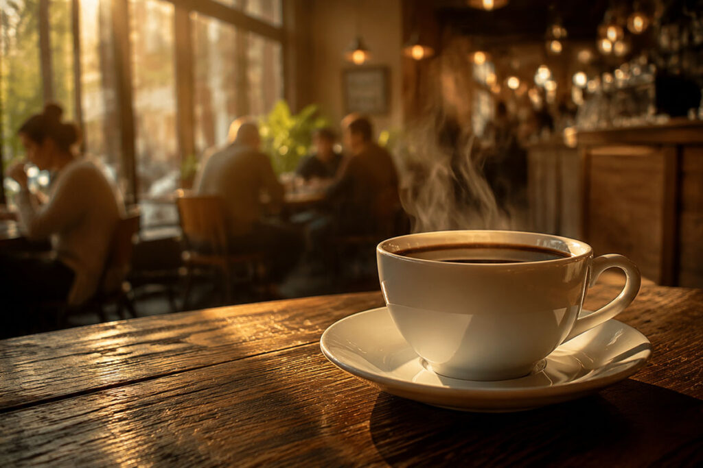 Steaming cup of coffee on a rustic wooden café table, patrons blurred in the background